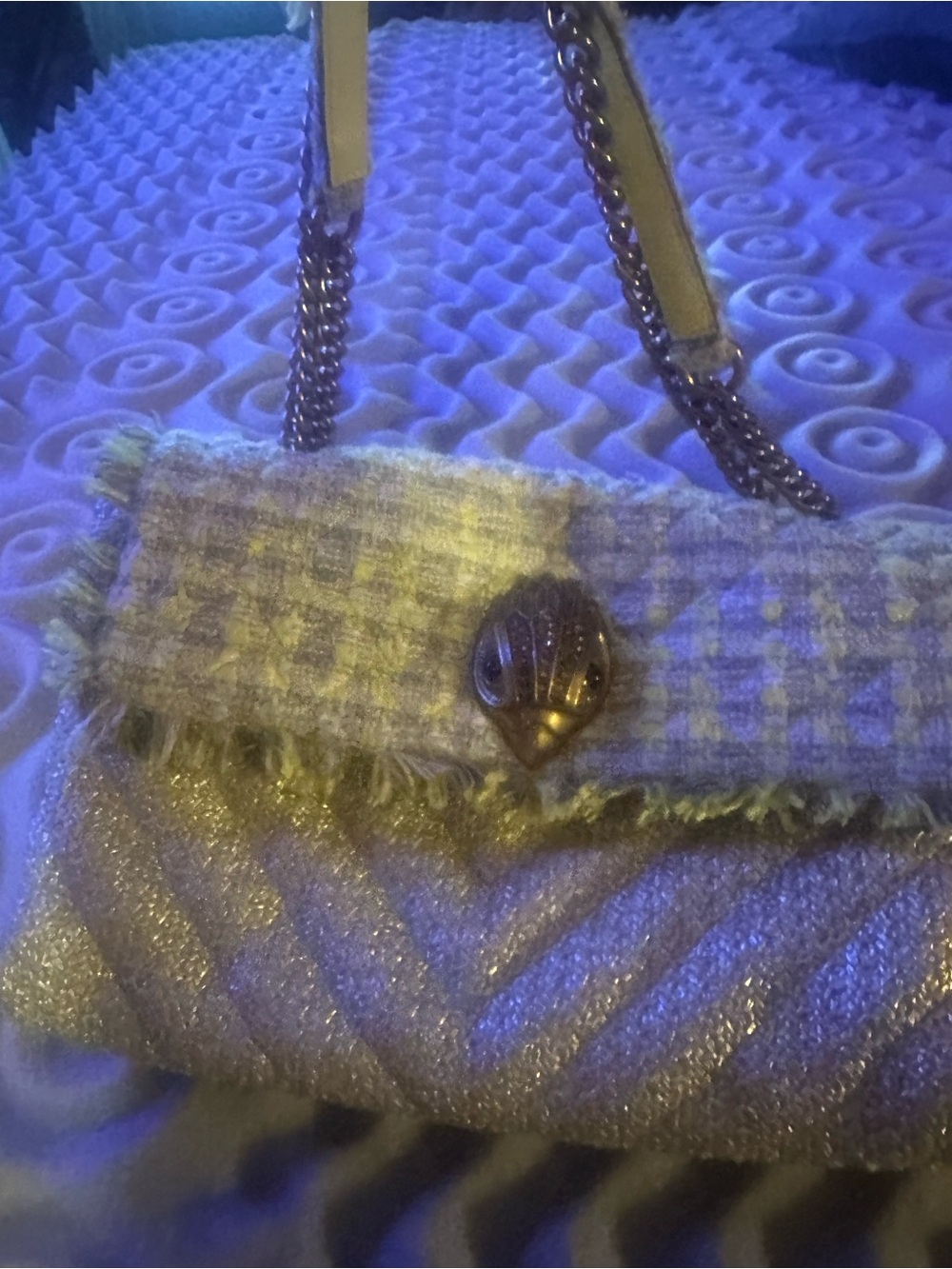 Kurt Geiger Tweed & Metallic Knit Shoulder Bag in Sage and Gold